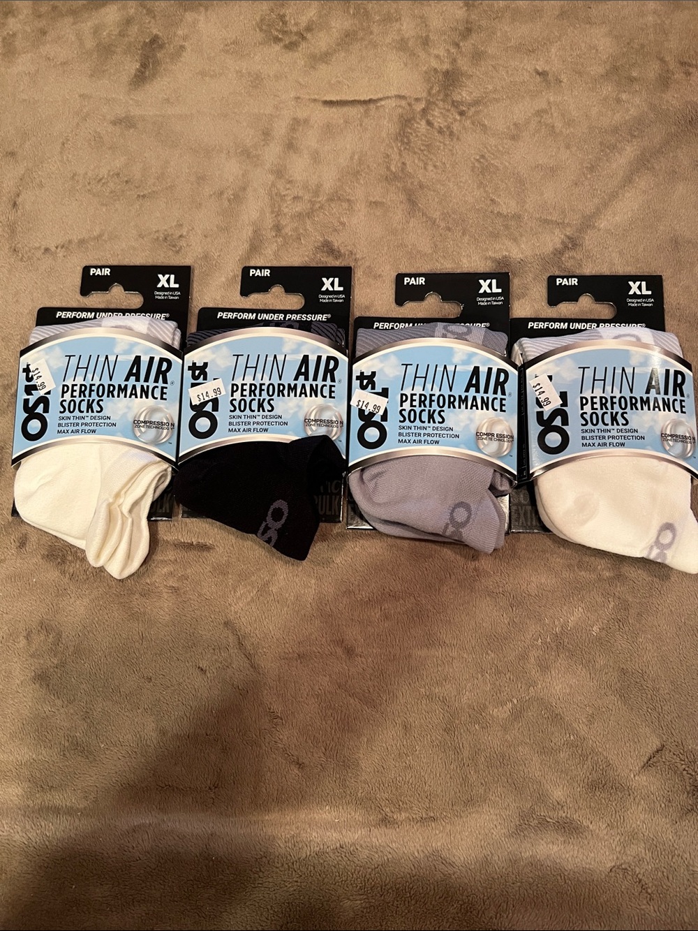 OS1ST Thin Air Performance No-Show Socks - Black, White, Cream, Gray - 4 Pairs